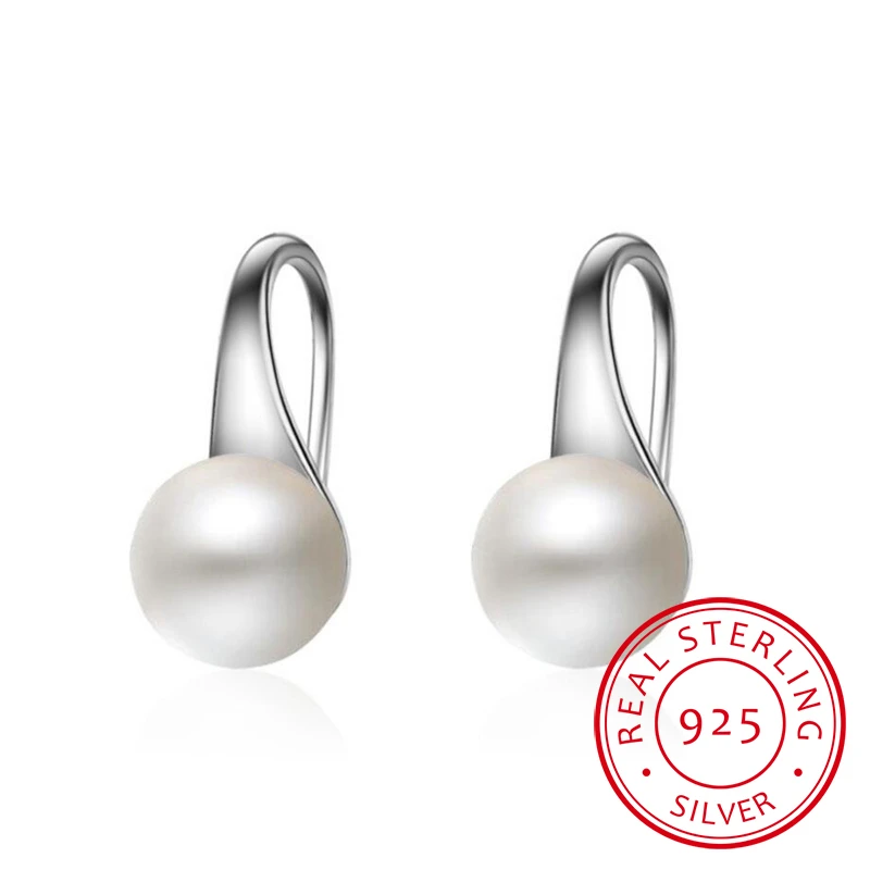 Pure 925 Sterling Silver Earrings Drop Women Round Natural Freshwater Pearl Hook Dangle Earring Ear Drops Brincos De Prata