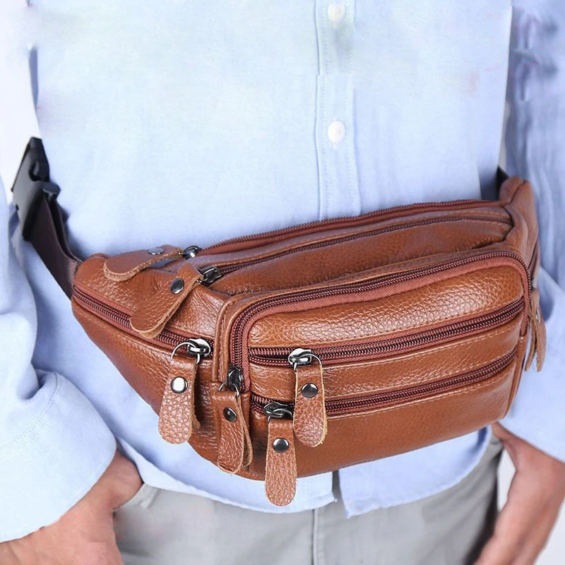 JCHENSJ Genuine Leather Men's Fanny Pack Waist Bag For Men Large Capacity Men's Belt Bag 7 Zipper Pocket Outdoor