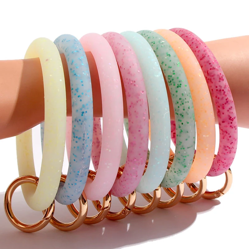 Flatfoosie New Shiny Sequin Silicone Keychain Bracelet Keyring Comfortable Wear Car Keychain Wrist Strap Accessories Wholesale