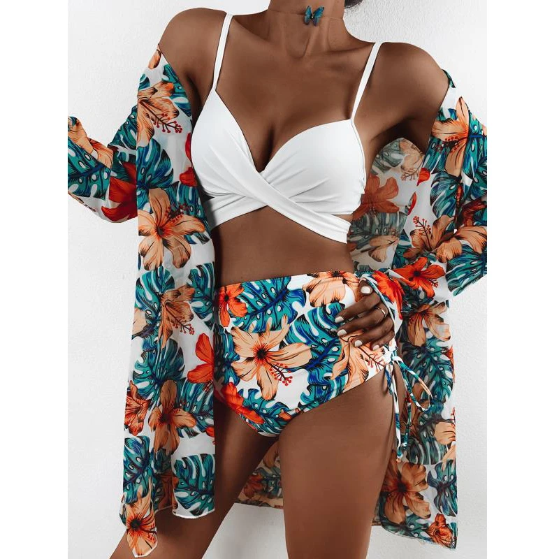 2021 New Sexy Three Pieces Bikini Set Cover Up Swimwear Women Swimsuit Print Long Sleeve Bathing Suit Beachwear Swimming Biquini