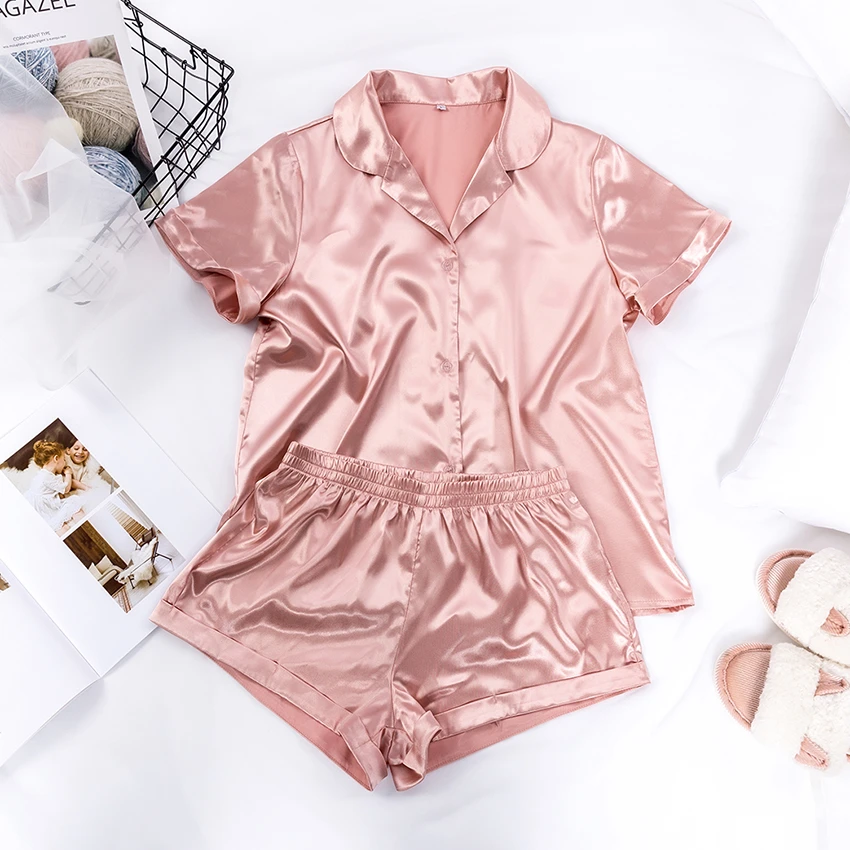 Suphis 5 Colors Satin Nightshirt With Shorts Nightwear Suit Silk Pyjama Short Sleeve Casual Pajama Sets Women Sleepwear Summer