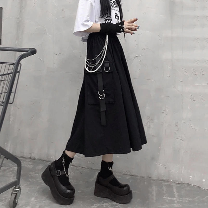 Gothic High Waist Cargo Skirts Woman Harajuku 2021 Loose A-line Pocket Midi Long Black Skirt Hip Hop Fashion Streetwear OverSize