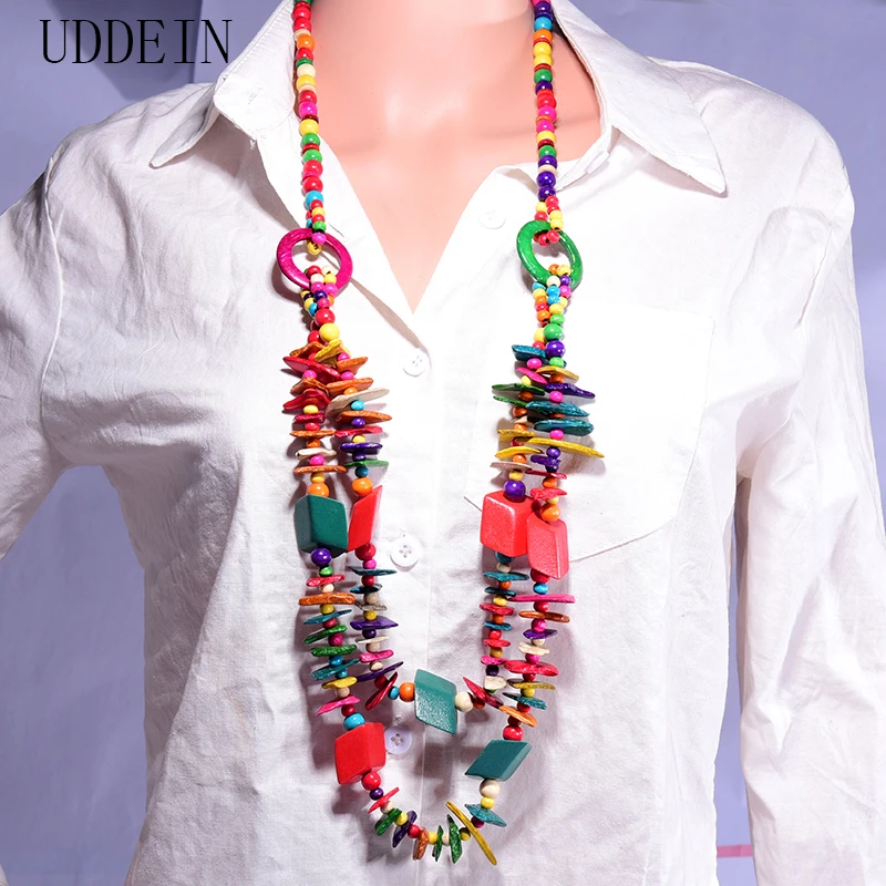 UDDEIN Handmade Colorful Bead Geometric Long Wood Maxi Necklace & Pendant Bohemian Vintage Statement Party Jewelry Wooden Collar