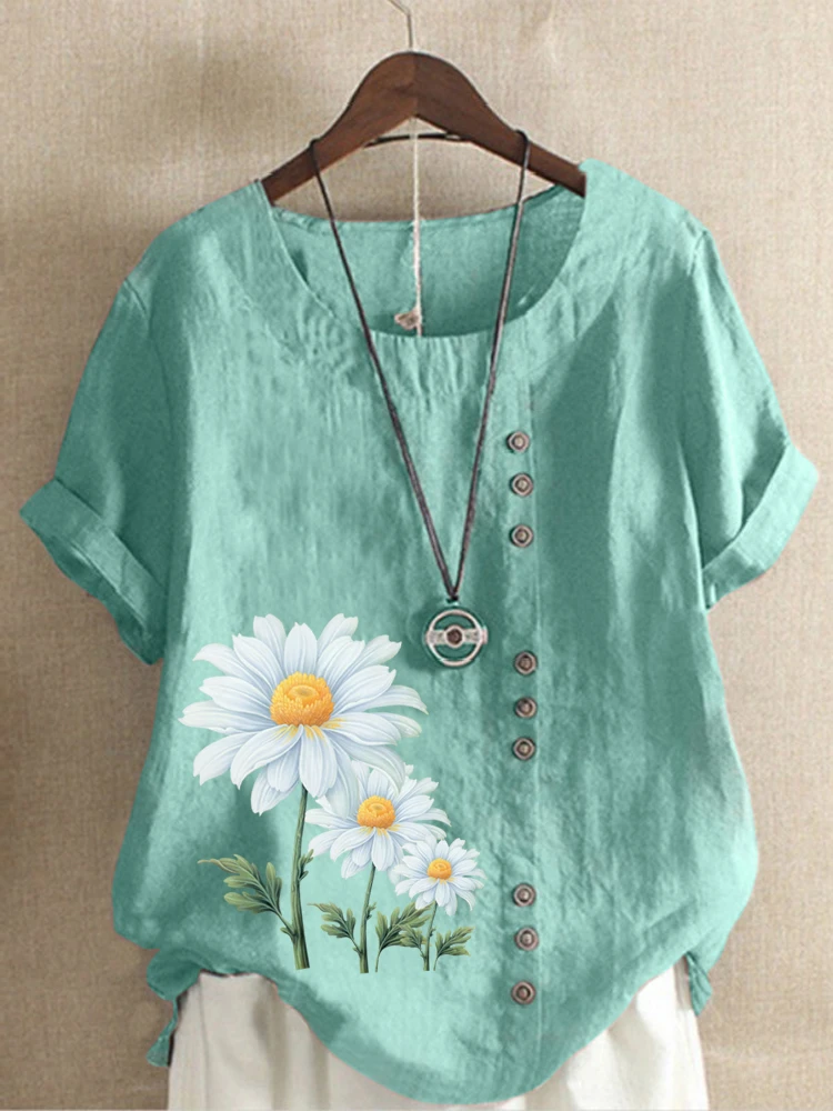 Women's Summer Round Neck Short Sleeve T-shirt Casual Cotton Linen Graphic Shirt Leisure Fashion Loose Daisy Prined Blouse Tops