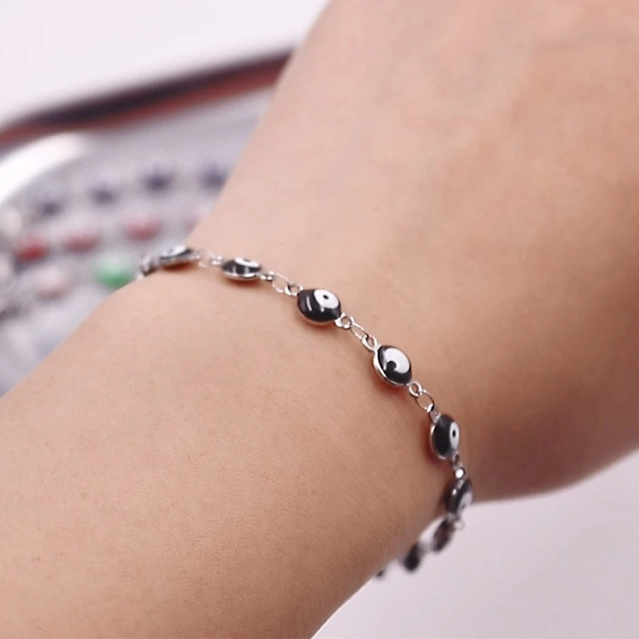 Turkish Eye Stainless Steel Bracelets For Women Silver Color Round Evil Eye Enamel Bracelets on the hand 19.5cm(7 5/8