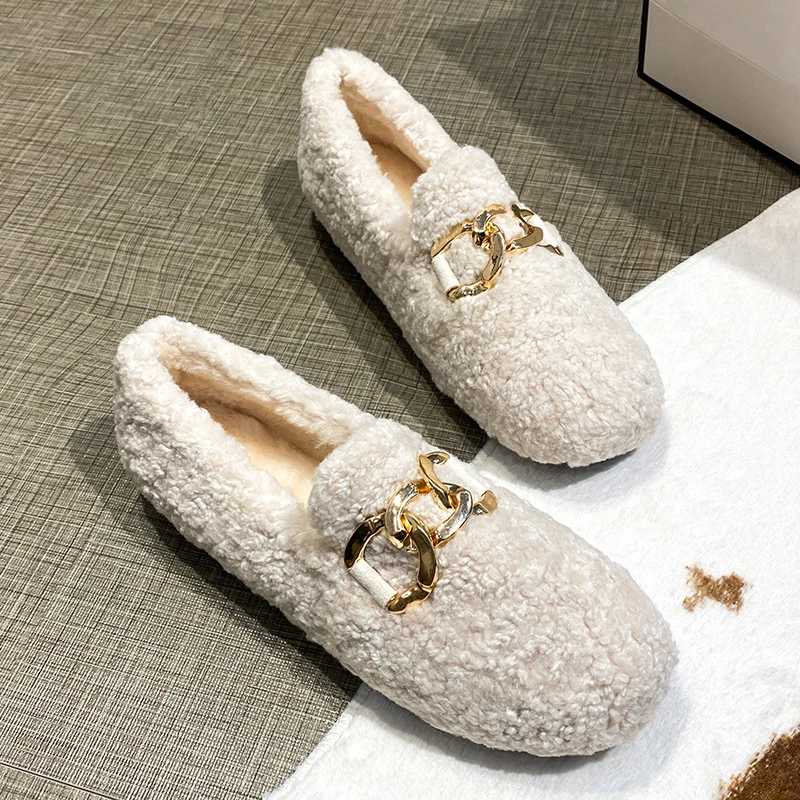 Chain lambswool flats moccasins femme slip on plush winter ladies shoes curly furry loafers women creepers zapatos plus size 43