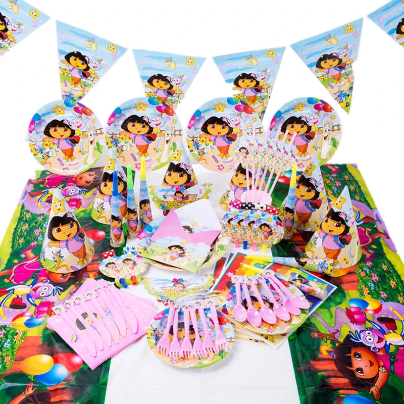 Dora the Explorer Birthday Party Supplies Party Decoration Disposable Party Tableware Napkin Plate Tablecloth Banner Balloon