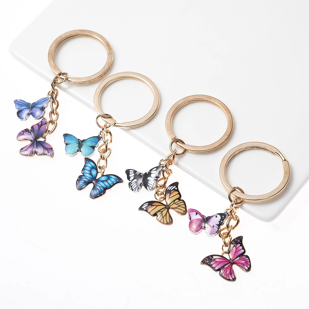 Double Butterfly Keychain Colorful Butterfly Key chain ring holder charm Fashion Simple Insect Keychain bag Pendant jewelry