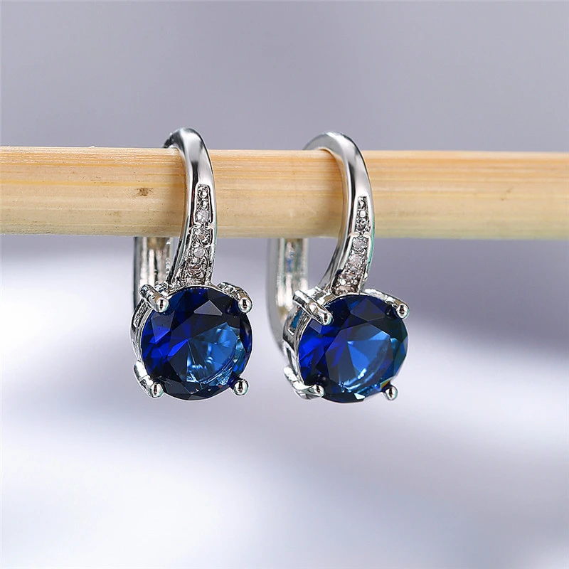 Cute Female Crystal Zircon Stone Earrings Dainty Silver Color Clip Earrings For Women Blue White Purple Round Earrings