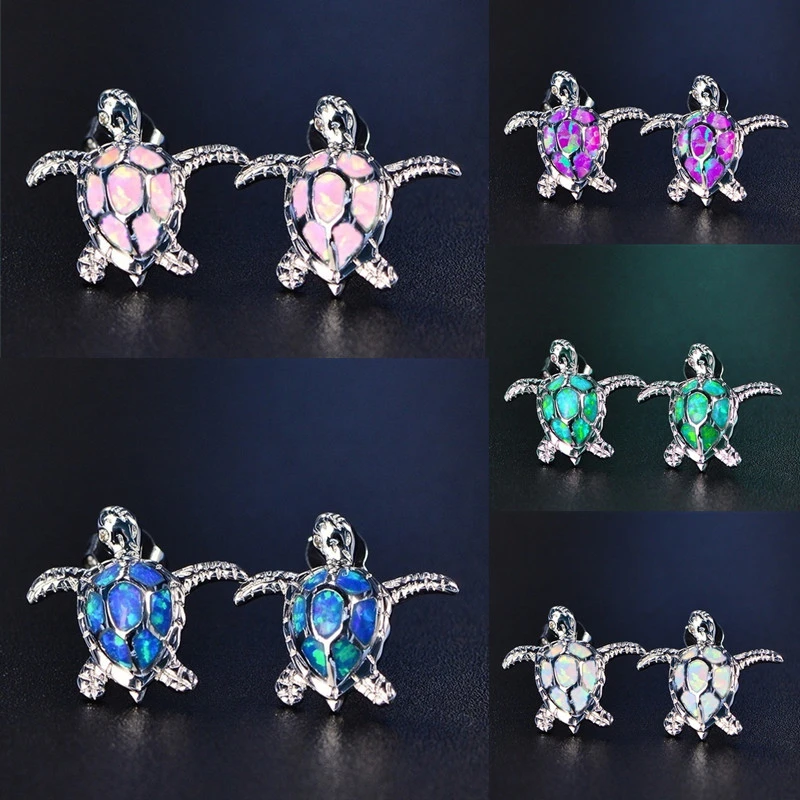 Cute Sea Turtle Blue Imitation Fire Opal Stud Earrings For Women Accessories Fashion Jewelry Wedding Party Birthday Girl Gift