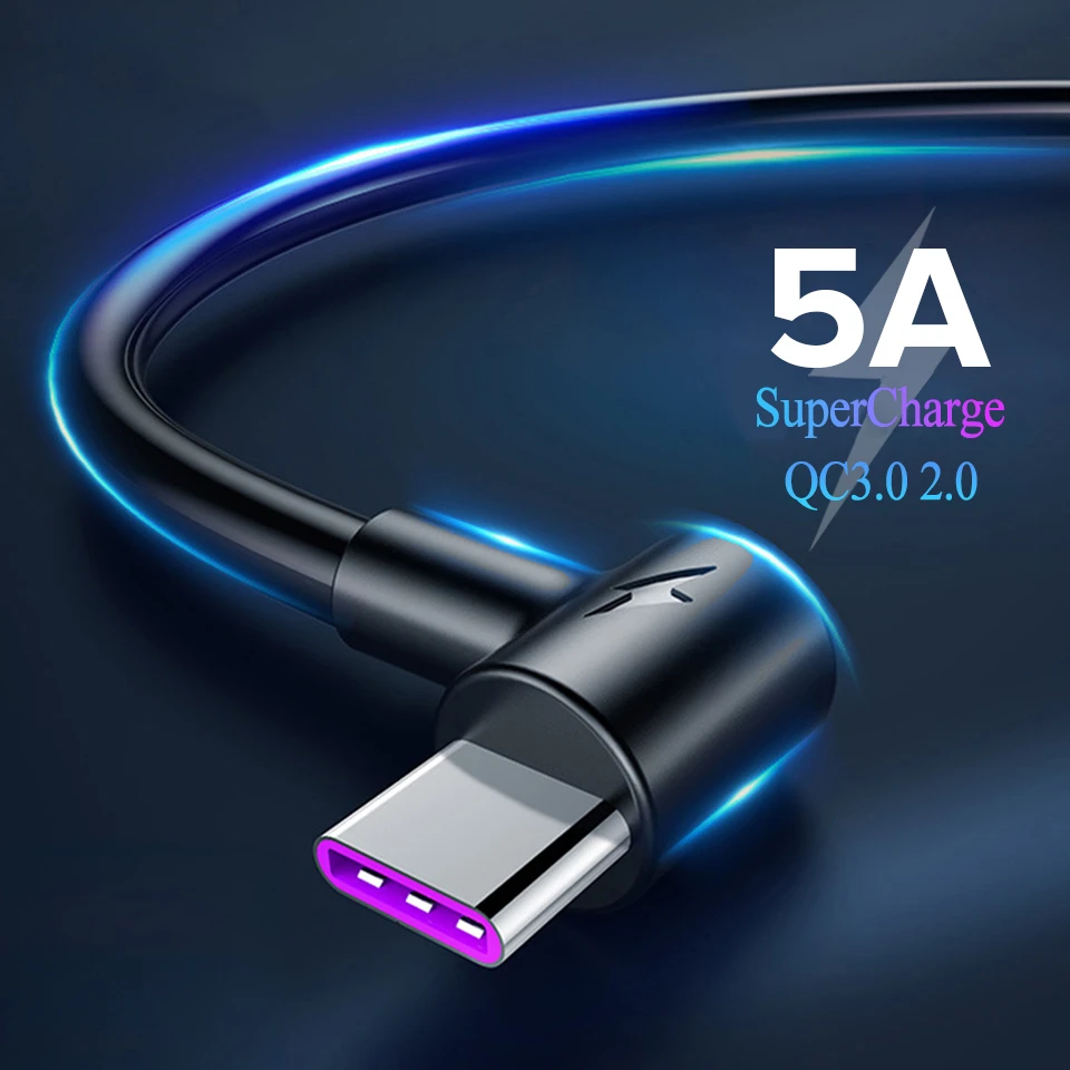 90 Degree Type C Cable Usb C 5A Fast Quick Charge QC 3.0 QC3.0 Cable For Huawei P40 Mate 30 Pro P30 Lite 5G Usb-C 1.5 2 3 Meter