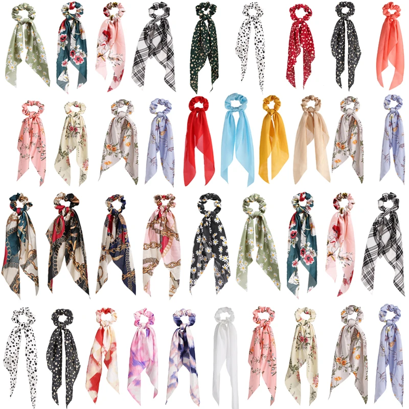 New Floral Print Scrunchies for Women Girls Elastic Hair Bands Streamers Bow Hair Scarf Hair Rope Ties Fashion Hair Accessories