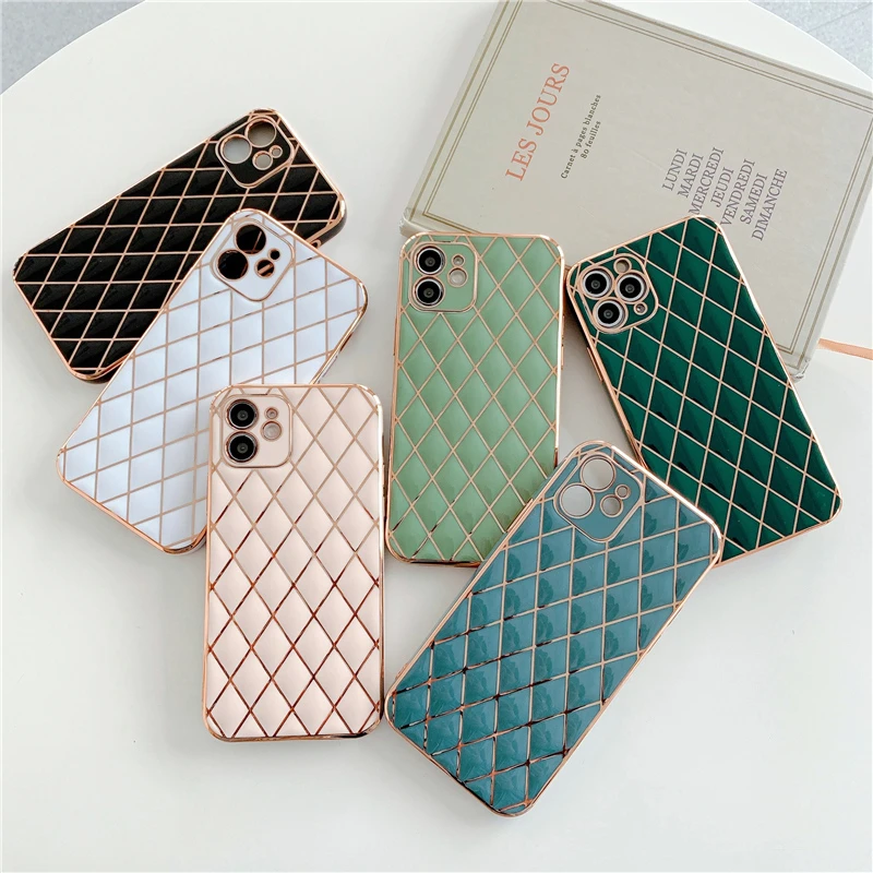 Luxury Electroplated Phone Case For iPhone 11 Pro Max 12 Mini 7 8 Plus XS Max X XR SE 2020 12 Smooth Lattice Shockproof Coque