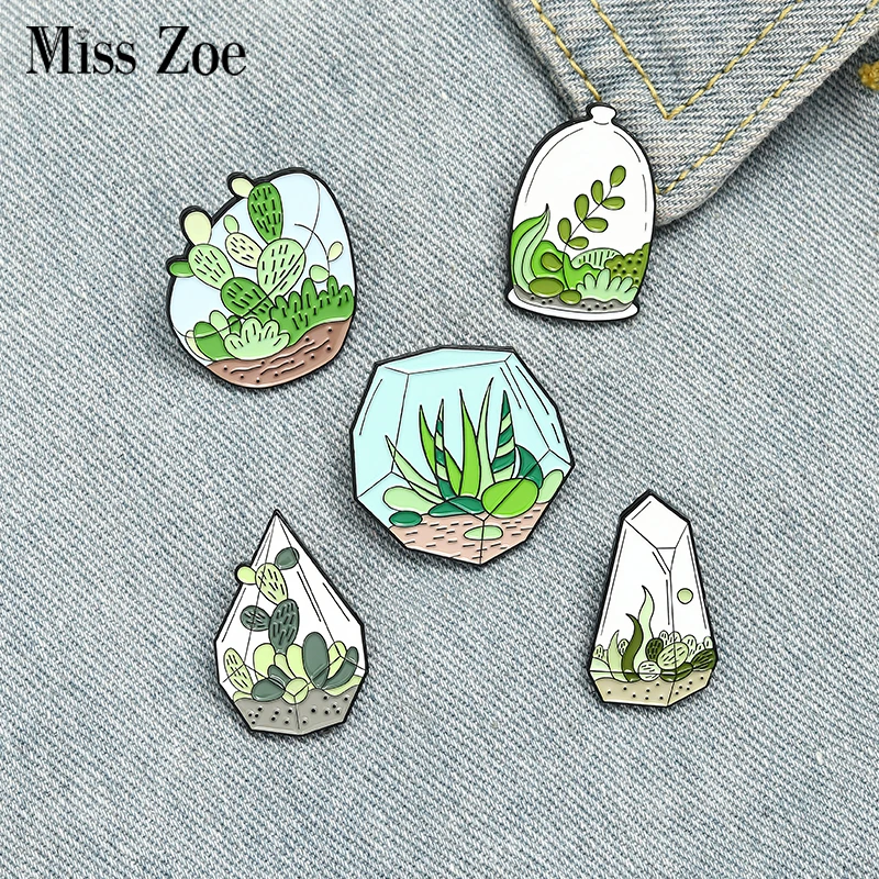 Potted Plant Enamel Pins Custom Terrarium Cactus Aloe Brooches Bag Clothes Lapel Pin Green Plant Badge Jewelry Gift for Friends