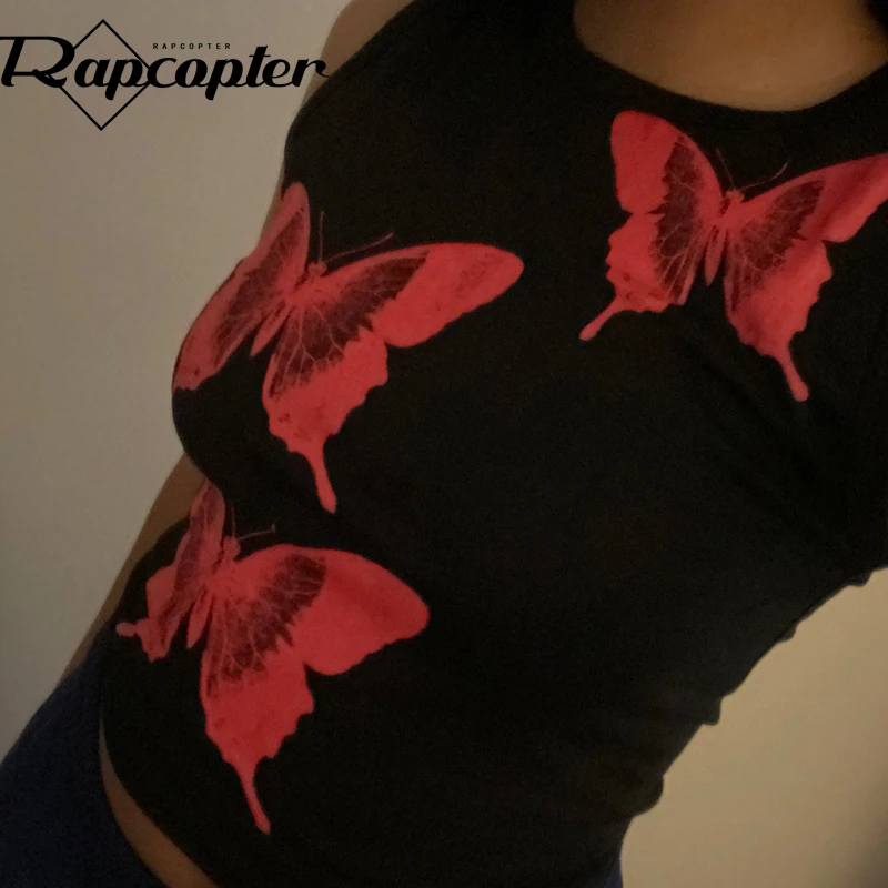 Rapcopter Butterfly y2k Printed Tank Tops Vintage Corset Top Sleeveless O Neck Crop Top Women Summer Skinny Camis 90s Harajuku