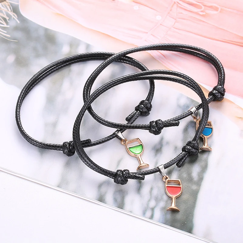 Fashion Wine Glass Pendant Adjustable Bracelet Creative 3-Piece Set Leather Hand Chain Jewelry Elegant Women Party Accessories