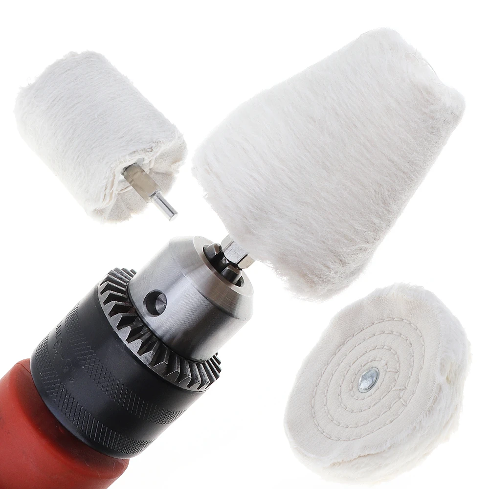 Cylinder T-shaped Cone White Cloth Polishing Wheel Mirror Buffer Cotton Pad with 6mm Shank for Polishing Grinding Metal Wood