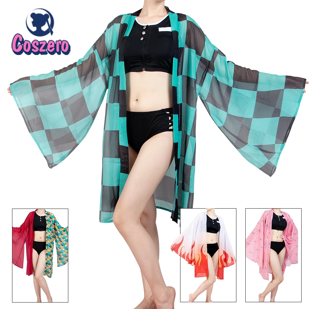 Demon Slayer Cosplay Kimetsu no Yaiba Kamado Tanjirou Cosplay Two Piece V Neck Bathing Suit Swimsuit with Sheer Kimono Cardigan