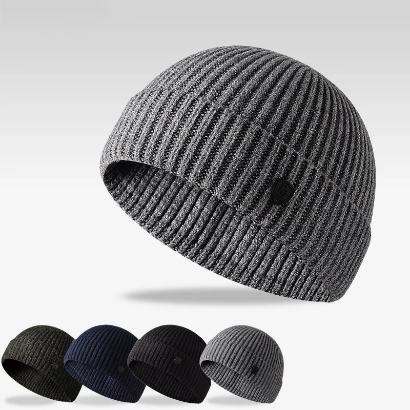 New Arrive Male Autumn Winter Solid Color Knitted Fastener Simple Outdoor Warm Wool Hat Men's Sport Casual Cover Beanie Hats