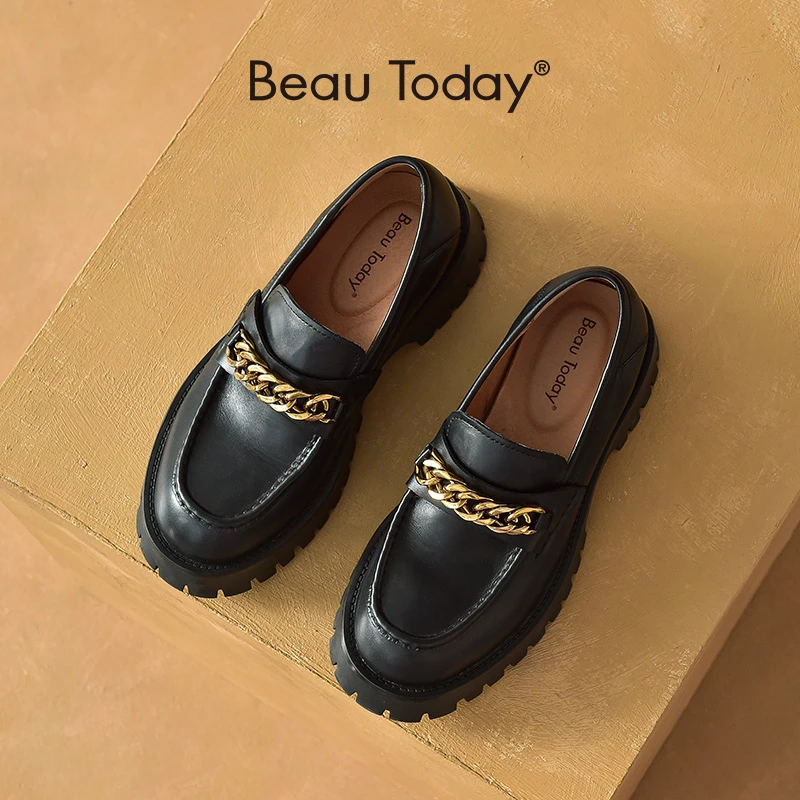 BeauToday Platform Loafers Women Genuine Cow Leather Round Toe Casual Flats Metal Chain Slip On Female Shoes Handmade 27756