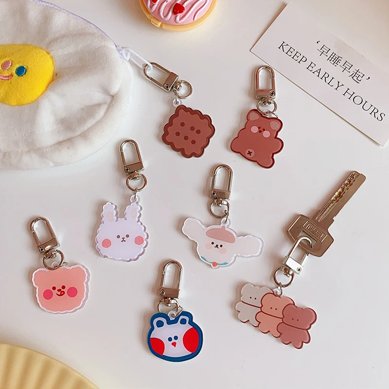 Cute Anime Bear Keychain Kawaii Cartoon Animal Keyring for Women Bag Pendant Acrylic Key Chain Charm Keyfob Jewelry Gift