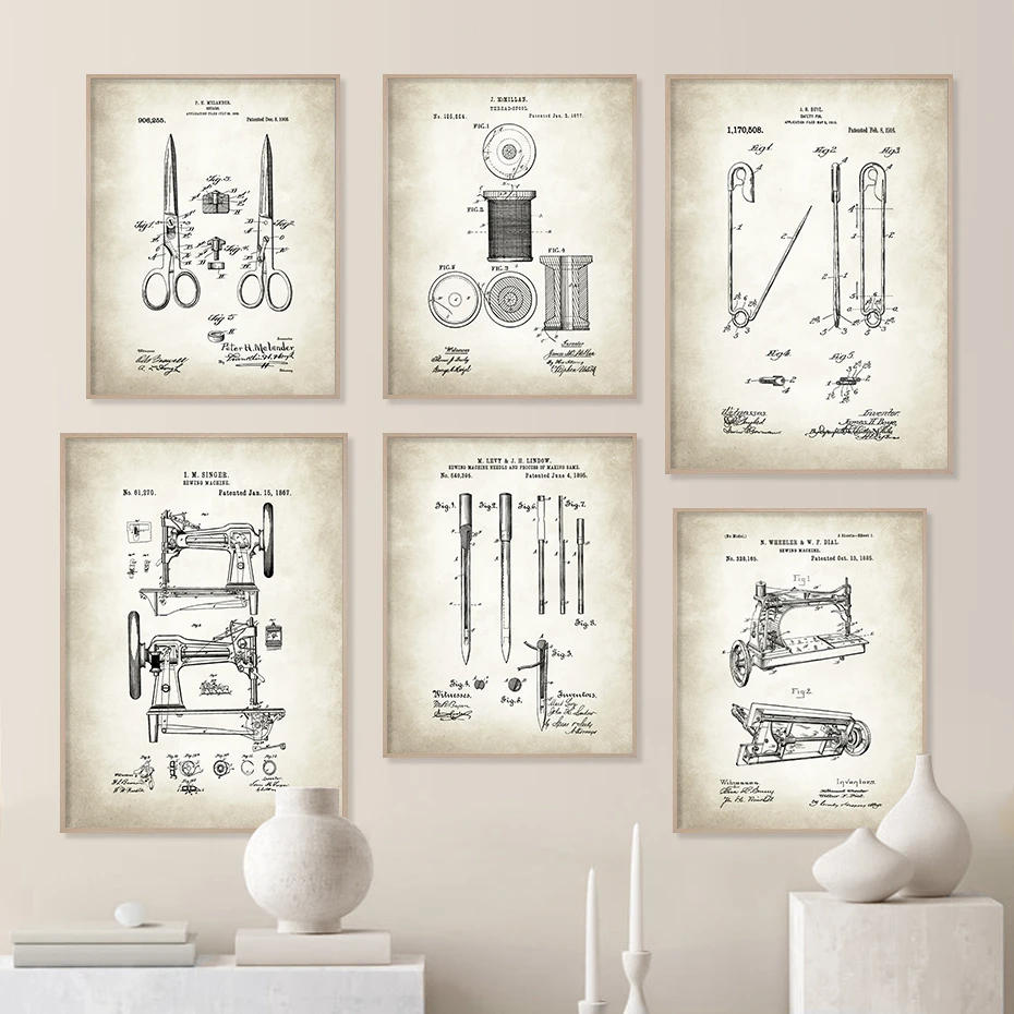 Sewing Machine Patent Posters Vintage Canvas Painting Industrial Artwork Wall Print Picture for Living Room Interior Home Decor