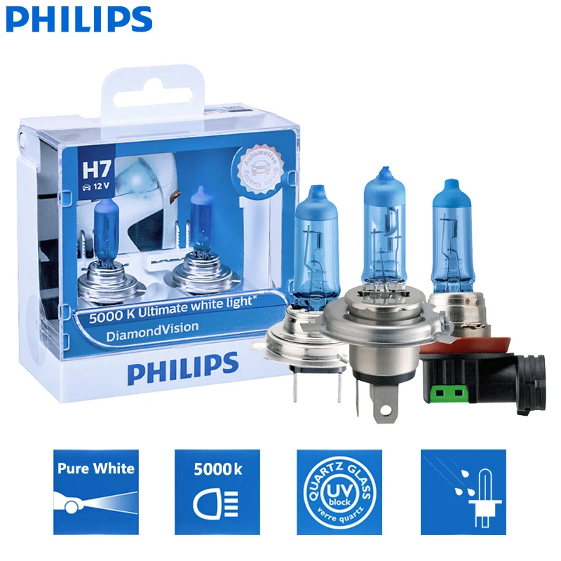 Philips Diamond Vision H1 H4 H7 H8 H11 9005 9006 HB3 HB4 12V DV 5000K Cool White Light Car Halogen Headlight Fog Lamp (Twin)
