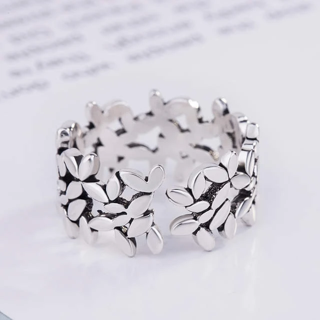Bohemian Vintage 925 Sterling Silver Leaf Rings for Women Fashion Statement Jewelry Adjustable Finger Ring Girls Gifts