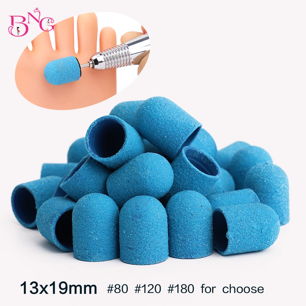 5pcs 10# 13# Blue Sanding Bands Block Caps Grip120# 80# 180# Sanding Caps Manicure Pedicure Electric Nail Drill Bits Cutters