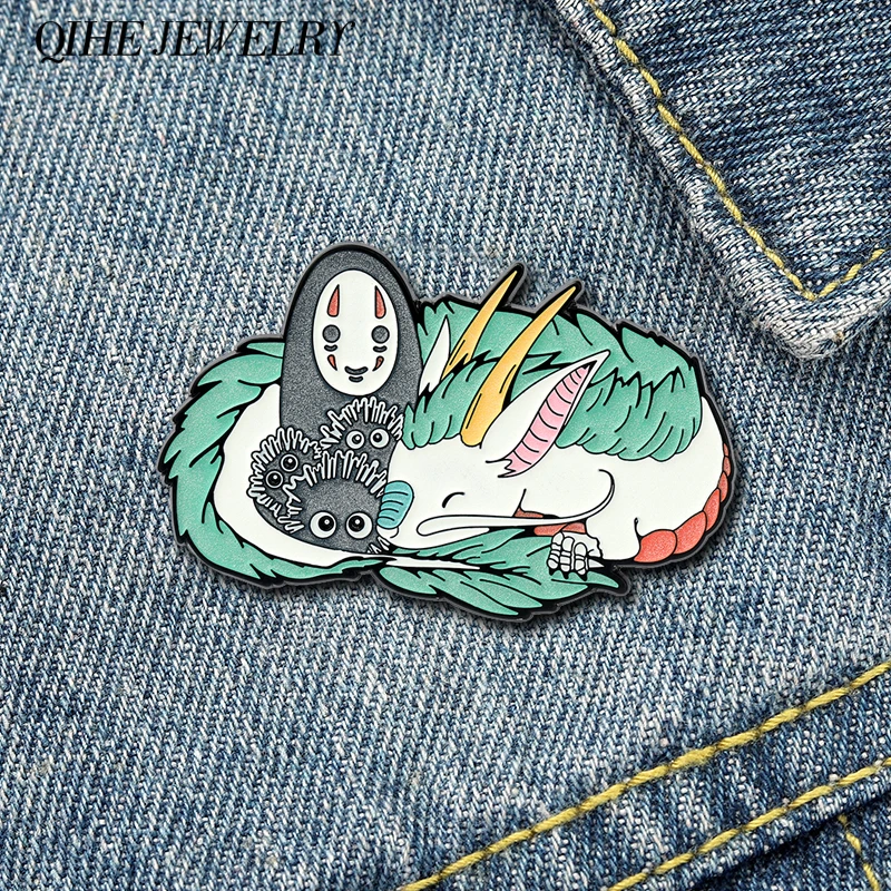 No Face Man Enamel Pin White Dragon Lapel Pins Japanese Anime Brooches Cartoon Badges Fluorescence Glow in dark Children Jewelry