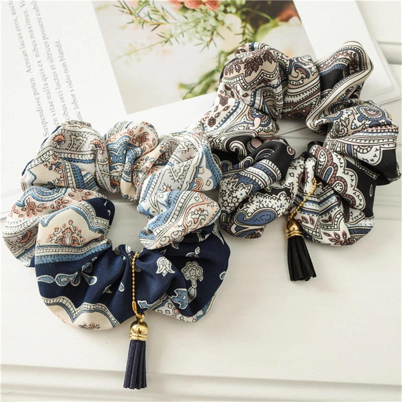 Bohemia Vintage Elastic Rubber Band women ethnic print Tassel Pendant Hair Tie Rope Trendy Ponytail Holder Hair Band Accessories