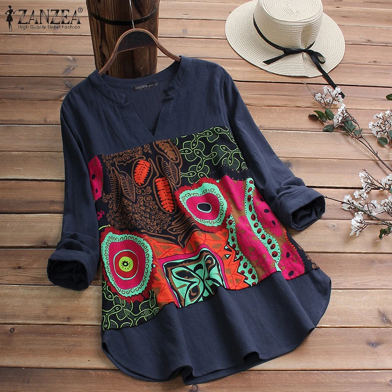 2021 ZANZEA Casual Cotton Blouse Women V Neck Long Sleeve Tunic Tops Autumn Vintage Printed Patchwork Loose Shirts Female Blusas