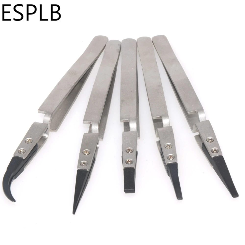 ESPLB Silver-Black Reverse Tweezers Stainless Steel Handle Plastic Tip Newest Flat/Straight/Curved Tip Tweezers