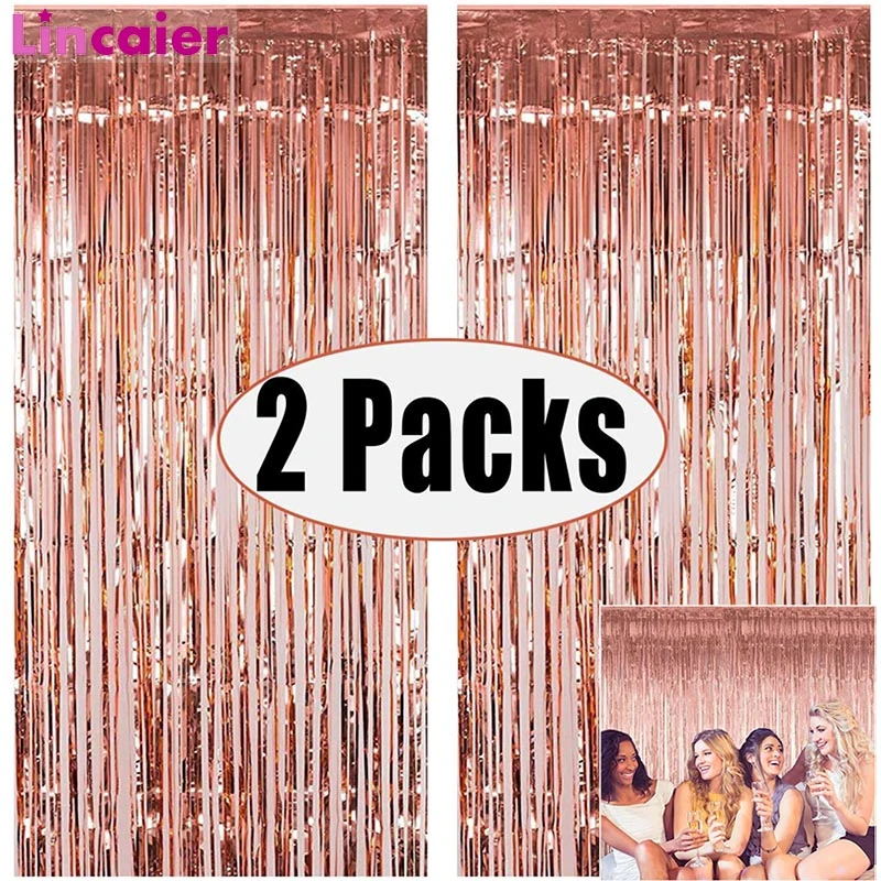 2Pack Metallic Foil Tinsel Fringe Curtain Birthday Wedding Bachelorette Party Decoration Adult Anniversary Photography Backdrop