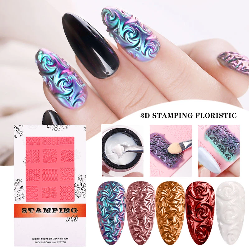 3D Silicone Sculpture Stencils Reuse Stamp Mirror Effect Glitter Powder Soft Nails Carving Templates Mold Nail Art Accessories