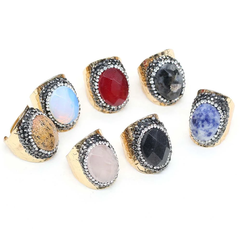 Natural Agates Stone Rings Section Egg Shape Diamon-Studded Rings Rose Quartzs Opals for Women Jewelry Exquisite Gift 30x28mm