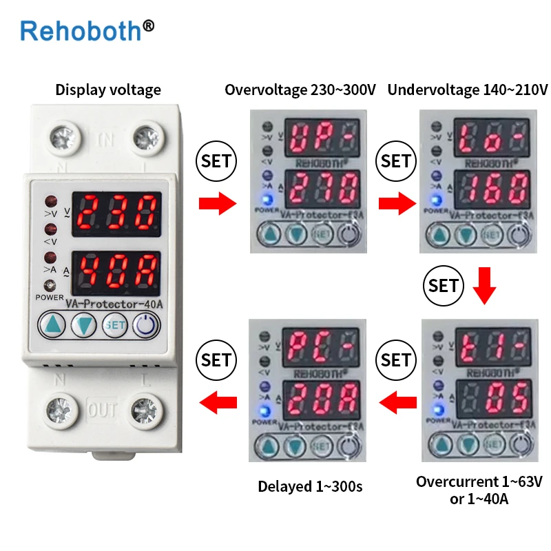 220V Under Over Voltage Protector Relay 40A 63A Adjustable Dual LED Display Din Rail Protect Device with Limit Current