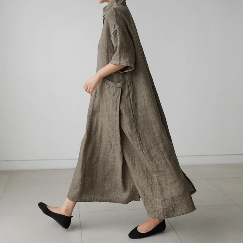 Johnature Women Vintage Cotton Linen Dresses V-Neck Solid Color Robes 2021 New Summer Short Sleeve Pockets Female Loose Dresses