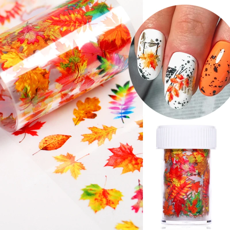 1 Box  Maple Leaves Nail Foil Stickers Autumn Colorful Flower Leaves Transfer Decals Slider Nails Art Decoration DIY Manicures