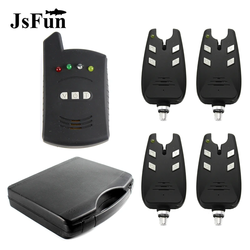 Wireless Fishing Bite Alarm 4*Receiver+1*Indicator Sensitivity Alert Set Carp Fishing Tackle with Zippered Box PJ228