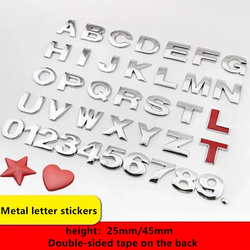 1Pcs 3D Metal 45mm 25mm DIY Letters Alphabet Emblem Numbers Chrome Labeling Car Sticker Digital Badge Accessories Motorcycle