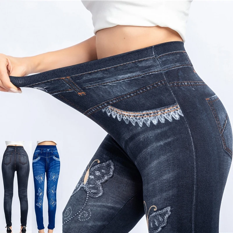 2021 Women High Waist  Jeans Leggings  Print Ankle Length Pants Super Strety Skinny Imitation Jeans Leggings