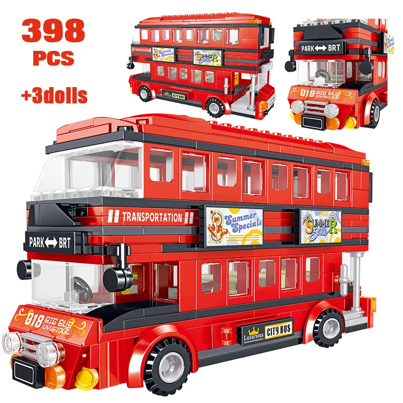 398PCS Brt Double Deck Bus Building Blocks Technical Red Bus City School Car Bricks Enlightenment Toys for Kids