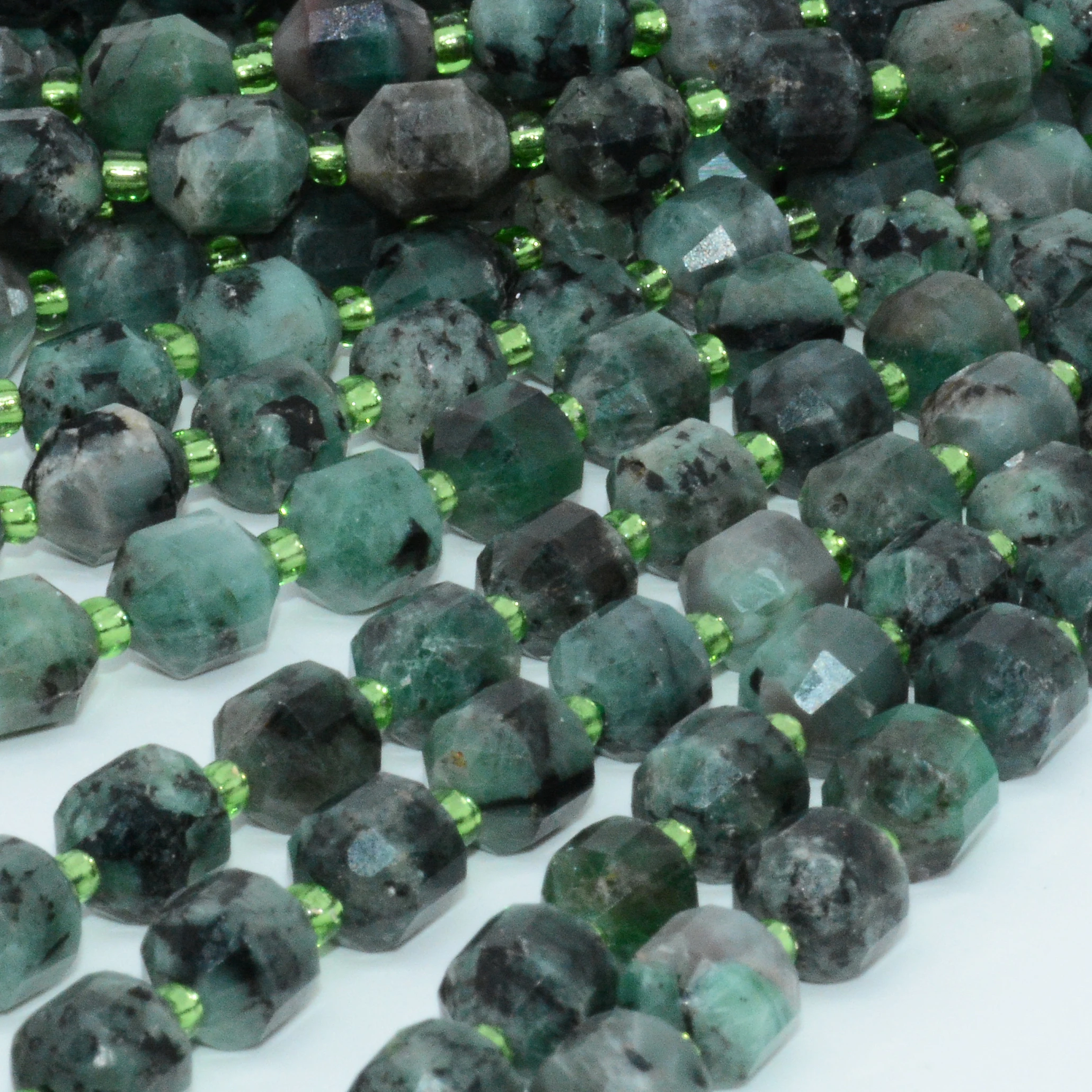 Natural Emerald Faceted Puffed Tube Beads 5.5x6mm 6x7mm / 7x9mm