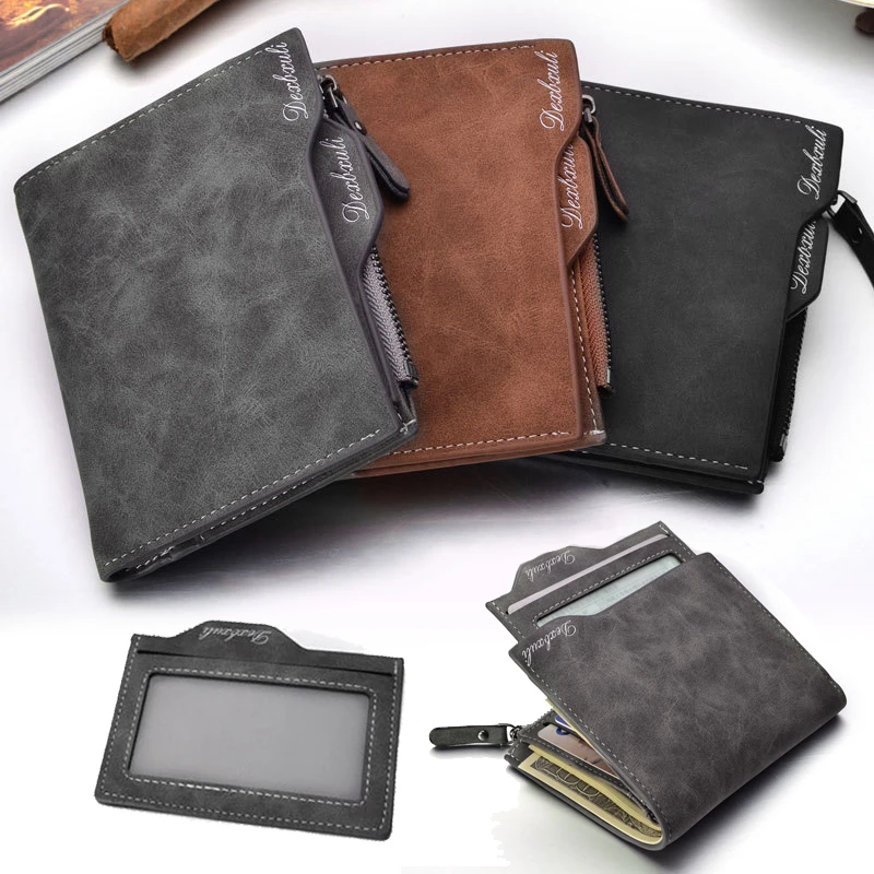 Men Business Casual Style PU Leather Waterproof Letter Embroidery Slim Wallet Purse with Around Credit Card Coins Zipper Holder