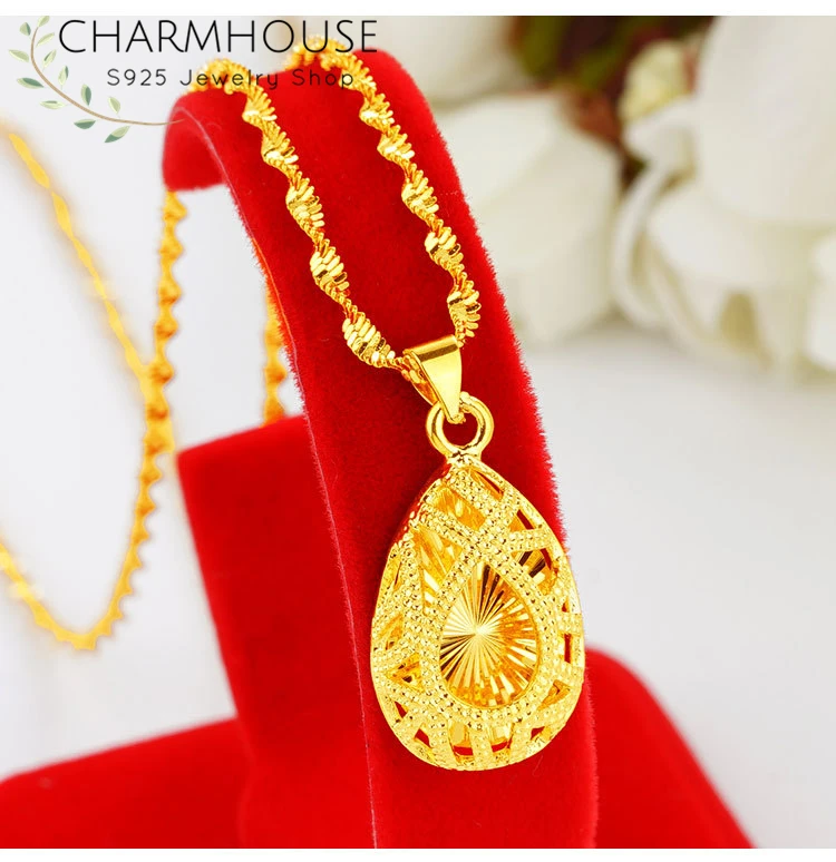 24K Gold Filled Necklaces For Women Waterdrop Pendant & Necklace Waterwave Chain Collier Femme Choker Statement Jewelry Bijoux