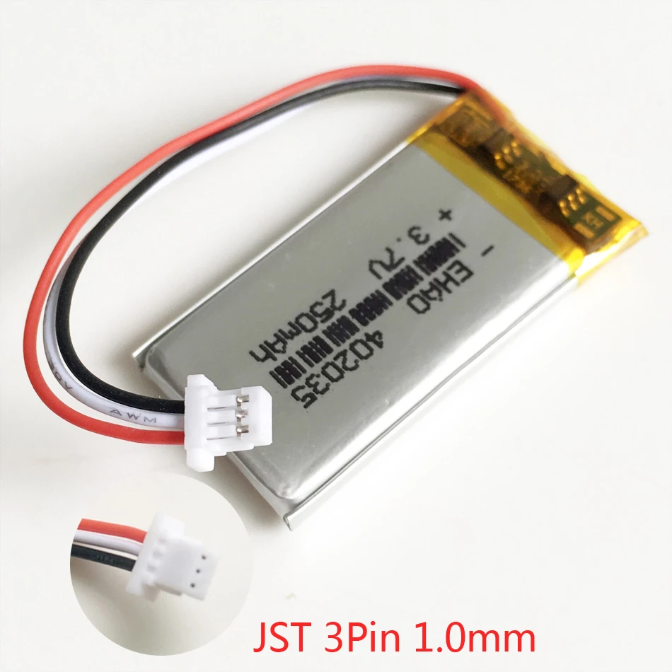 3.7V 250mAh 402035 Lithium Polymer LiPo Rechargeable battery with JST 1.0mm 3pin for Handheld GPS Mp3 GPS bluetooth smart watch