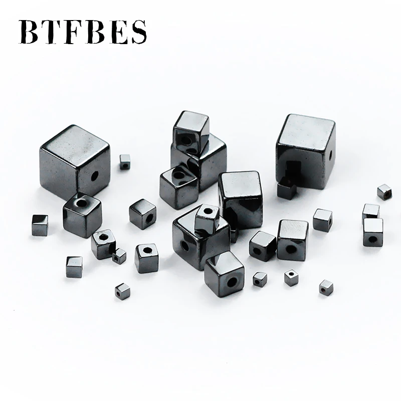 BTFBES natural stone Black Hematite cube square Charm Loose Spacer Bead For Jewelry Bracelet Necklace Making DIY 2/3/4/6/8/10mm