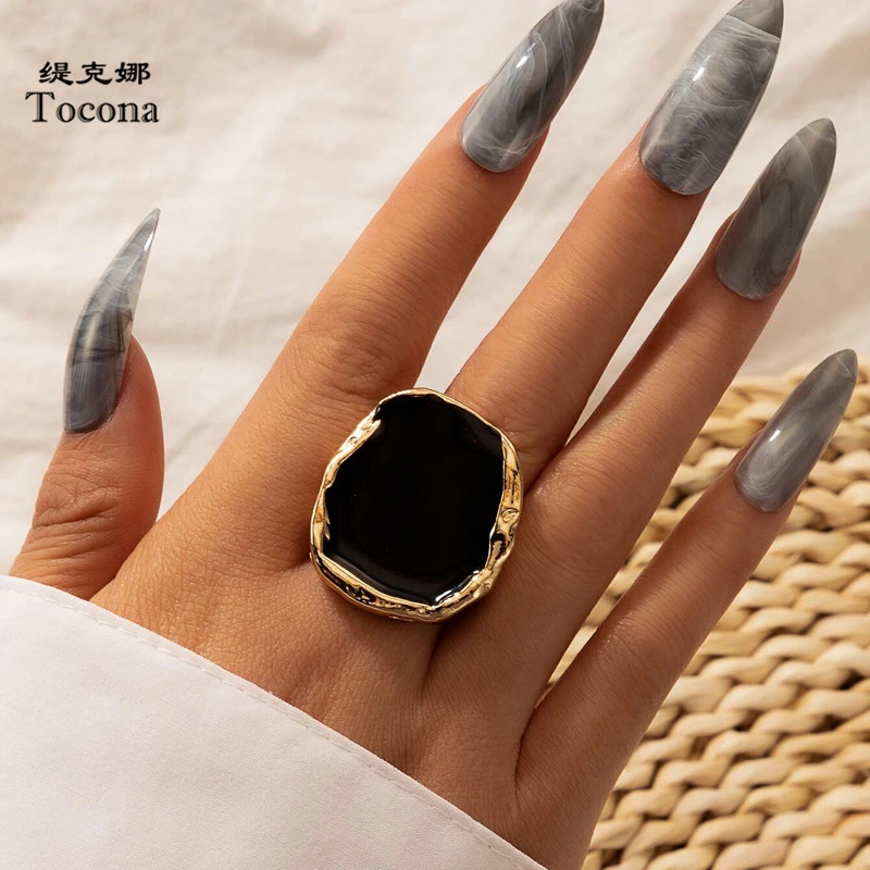 Tocona Bohemian Black Stone Gold Ring for Women Men Charms Dripping Oil Big Joint Ring Gothic Jewelry Accessories кольца 16916