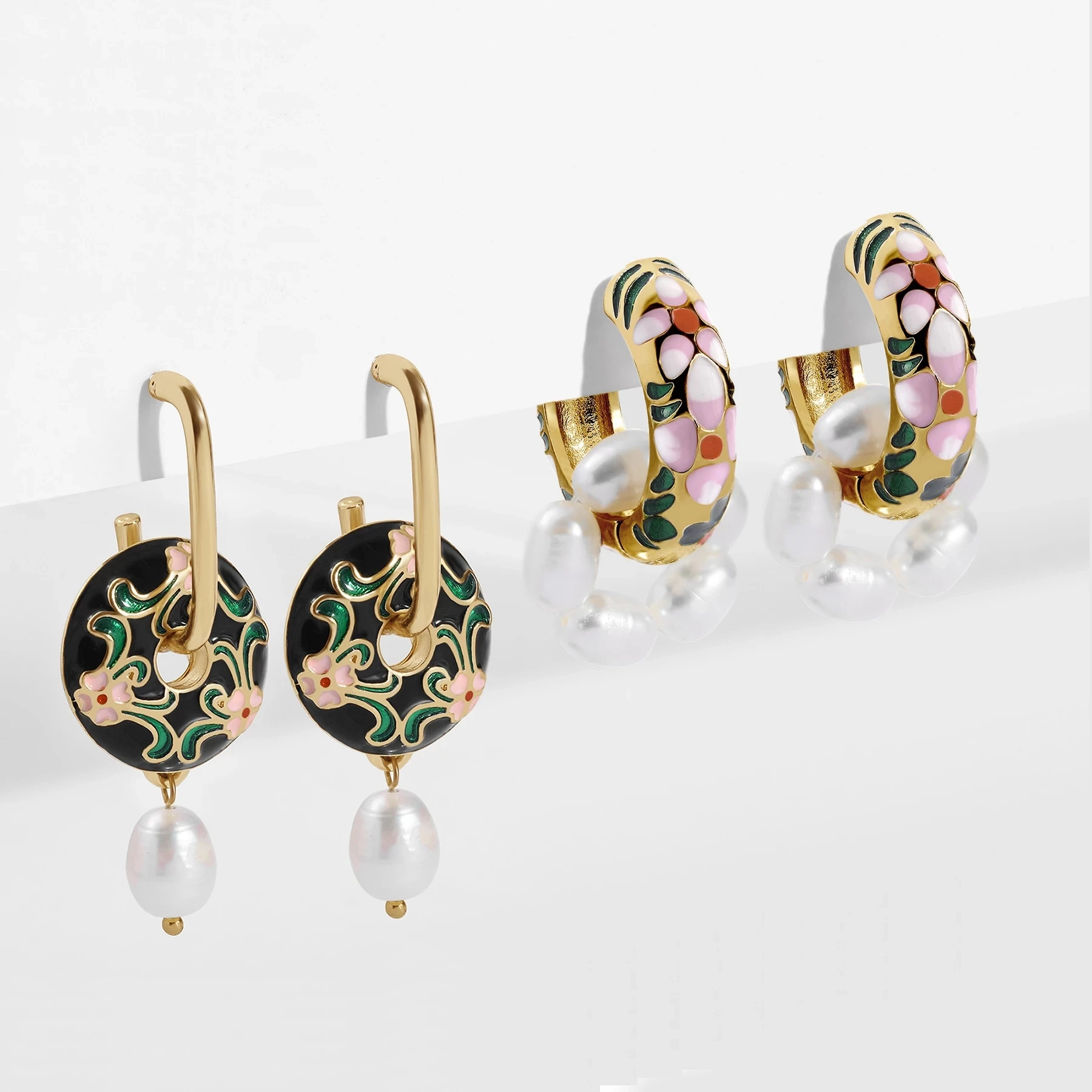 Vintage Circle Geometric Flower Huggie Drop Earrings for Women Bohemian Round Pearl Statement Drop Earrings Party Enamel Jewelry